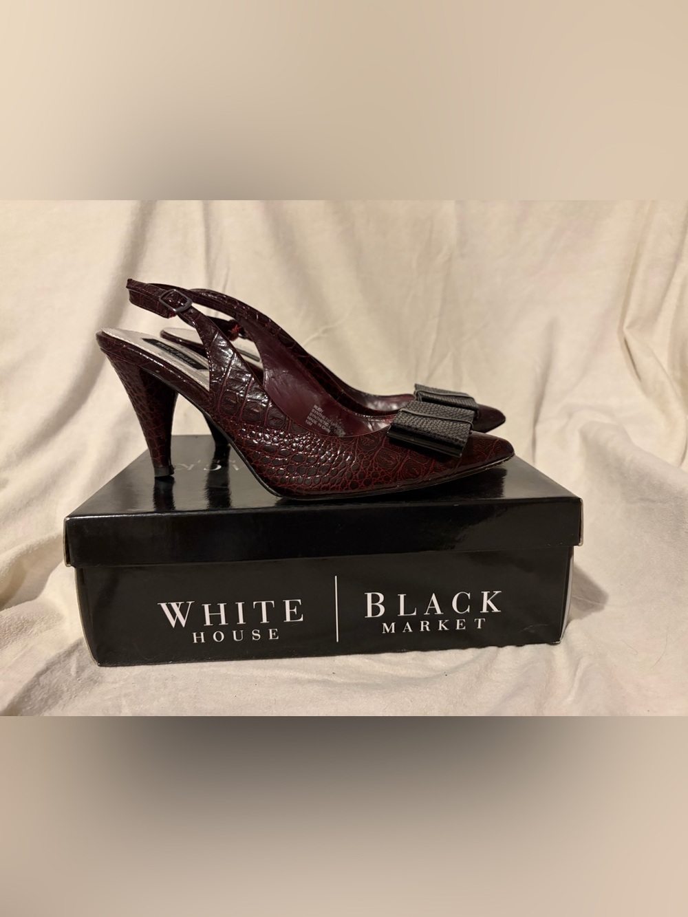 White House Black Market Burgundy Croc-Embossed Slingback Pumps with Black Bow